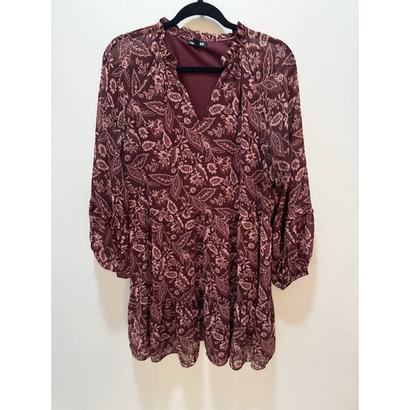 Express Red Floral Long Sleeve Bell Sleeve Chiffon Dress Size Large - Picture 1 of 9